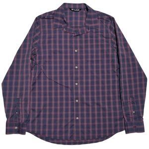 Travis Mathew Mens L Long Sleeve Button Up Navy Blue Purple Plaid Shirt EUC